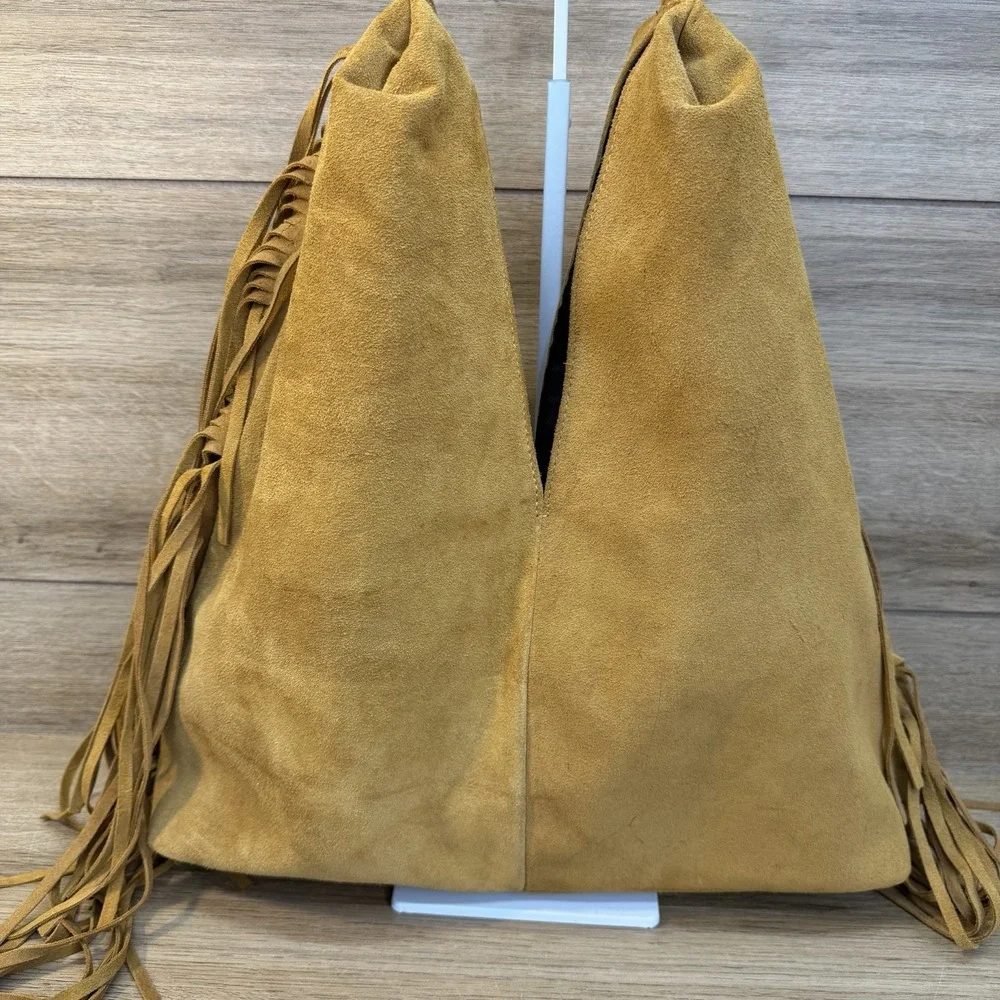 Divina Firenze Suede Fringe Hobo Bag Italian Leather Slouchy Boho Tote Tan